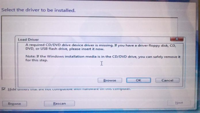 how to fix a required cd dvd drive device driver is missing occurred in windows 7 install